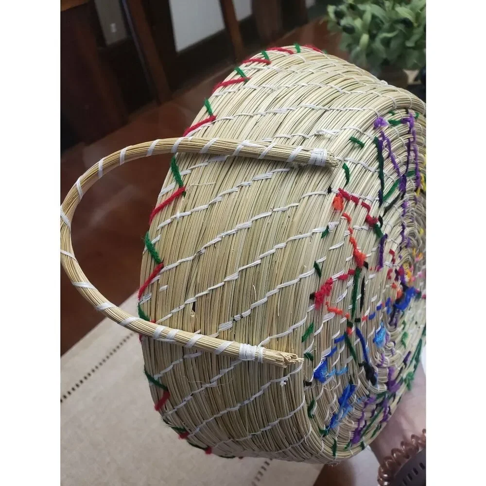 Handwoven Basket With Handles Colorful Embroidered